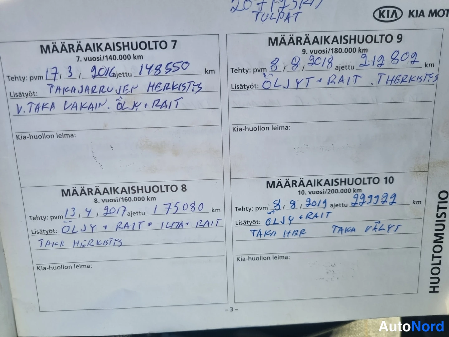 Asiakirja: Kia Motors -huoltomuistion sivu, jossa määräaikaishuoltojen 7, 8, 9 ja 10 kohdat; merkinnät mm. pvm 17.3.2016 / 148550 km, pvm 13.4.2017 / 175080 km, pvm 8.8.20
