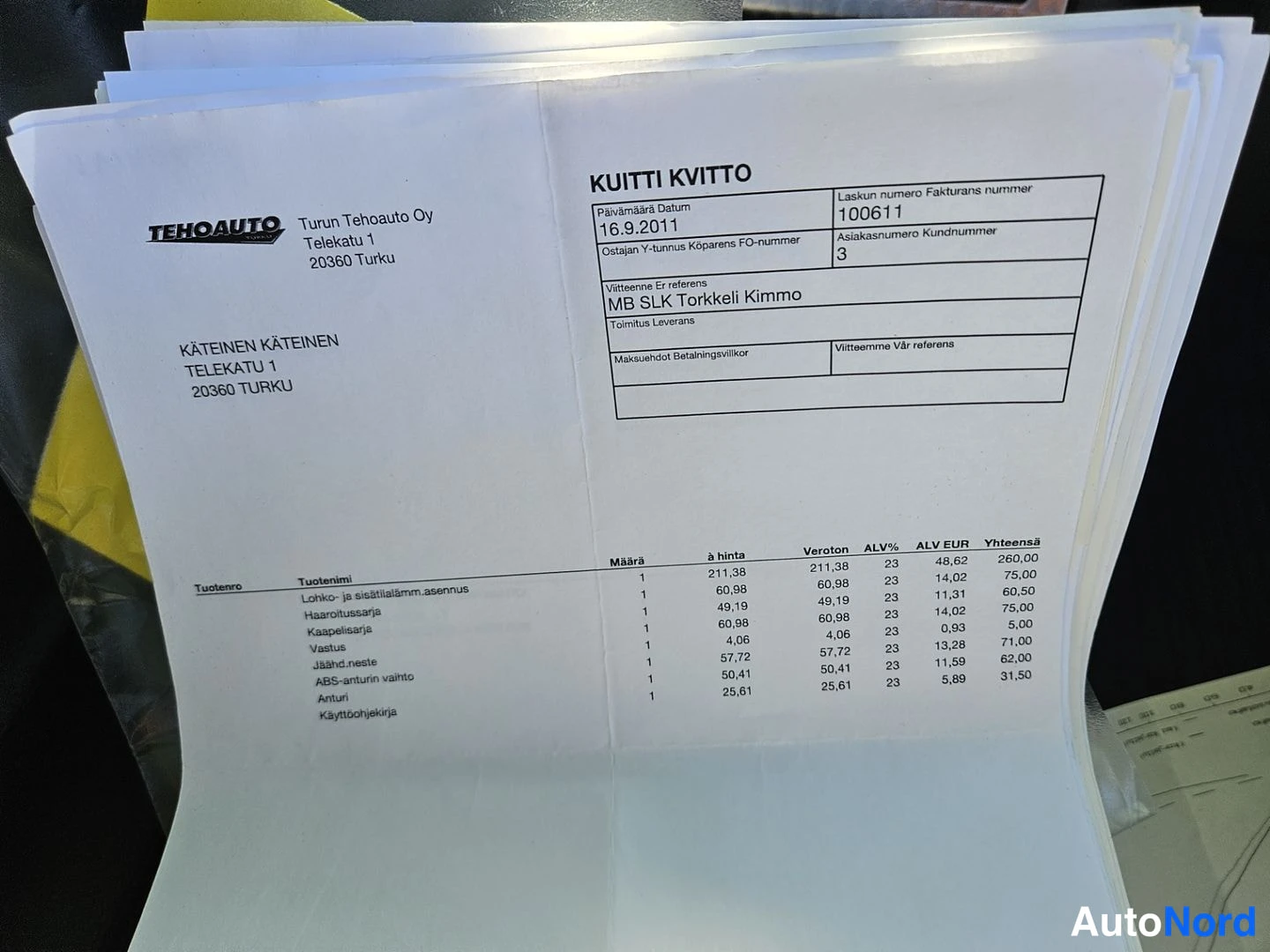 Muu: Kuitti kvitto Turun Tehoauto Oy:lta, päivämäärä 16.9.2011, laskun numero 100611, viite MB SLK Torkkeli Kimmo, rivit Lohko- ja sisätilalämmissennus, Haaropussarj