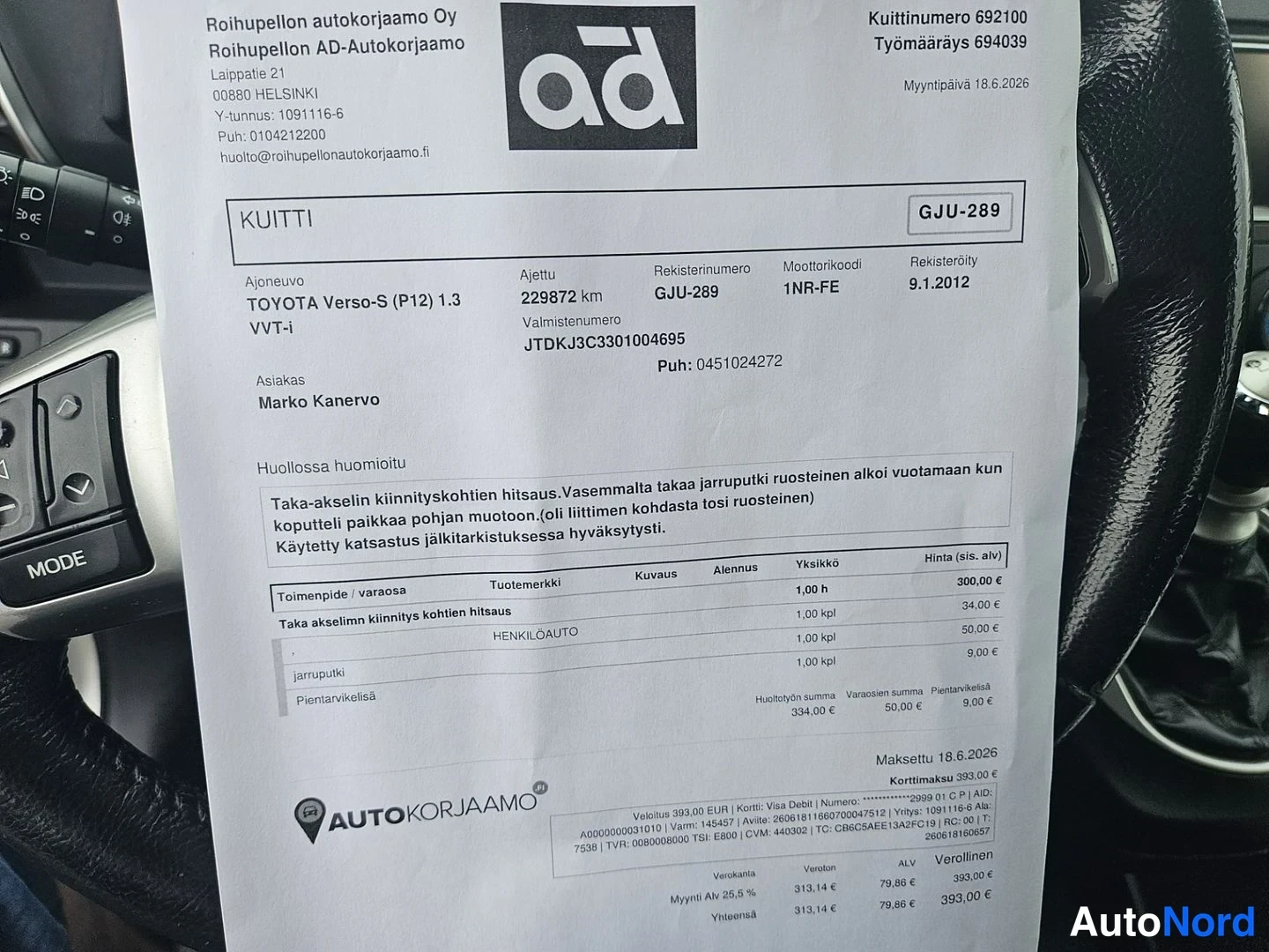 Asiakirja: Autohuollon kuitti Roihupellon autokorjaamo Oy:ltä, rekisterimerkki, huoltotöitä 334 euroa.