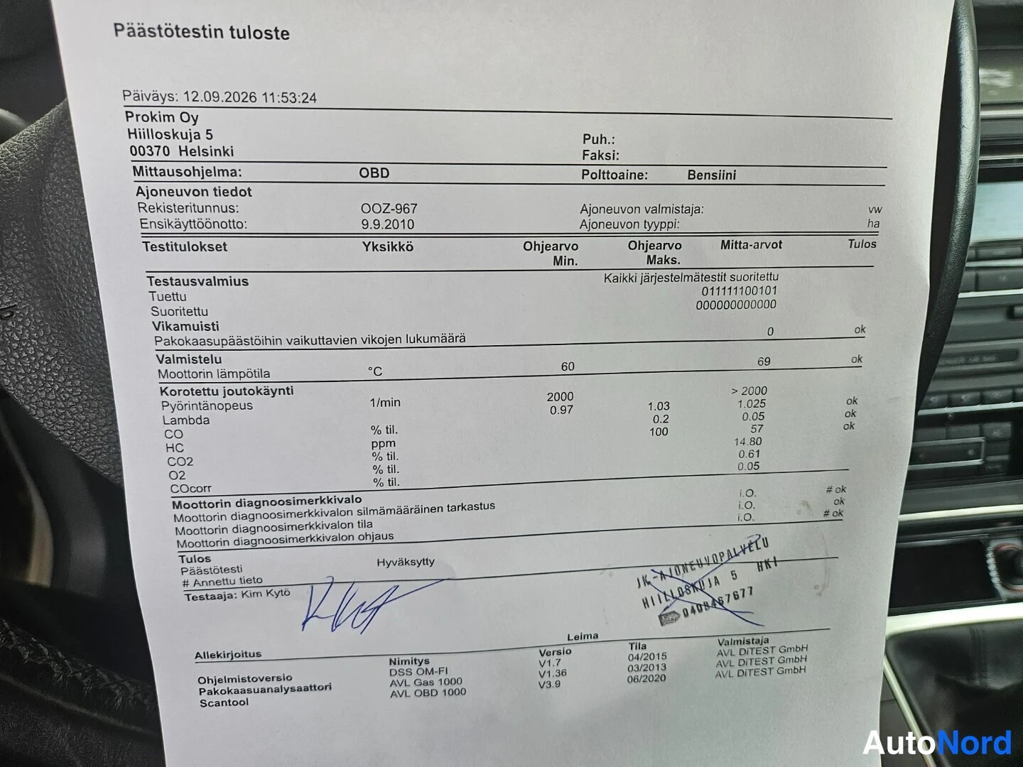 Muu: Päästötestin tuloste: rekisteritunnus, ensikäyttöönotto 9.9.2010, bensiinikäyttöinen ajoneuvo, hyväksytty mittaus 12.9.2026.