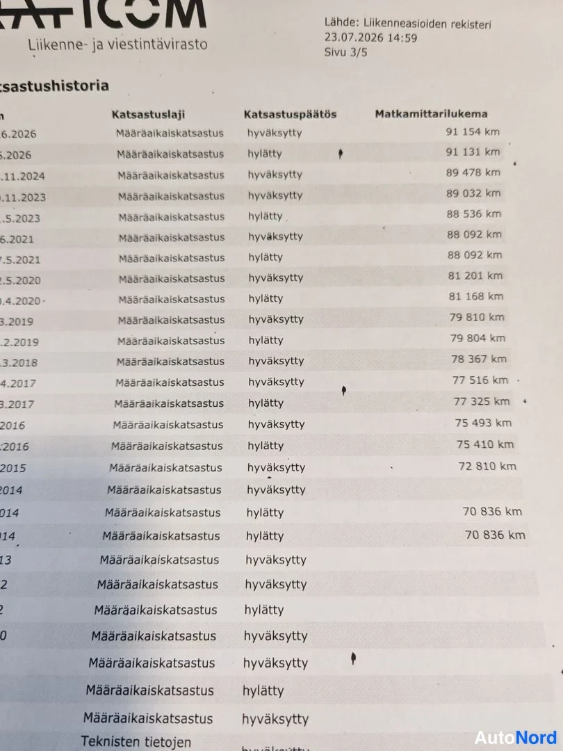 Muu: Liikenne- ja viestintävirasto Traficomin katsastushistoria liitteineen, jossa katsastuspäätökset ja matkamittarilukemat km-määräisinä.