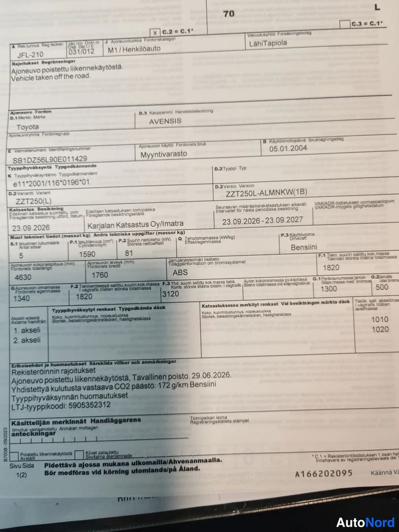 Muu: Katsastusrekisteritodistus (rekisteriote) dokumentti, jossa lukuisia ajoneuvon tietoja.
