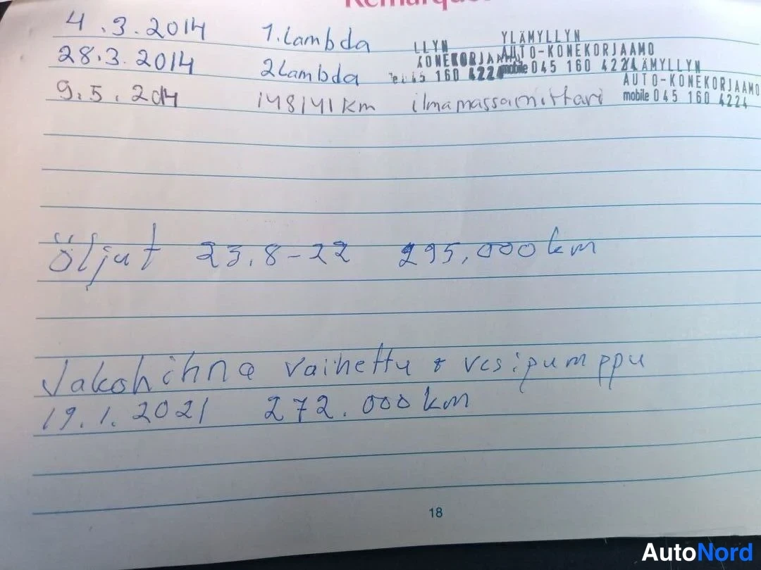 Asiakirja: Muistiinpanosivu, jossa käsinkirjoitettuja huolto- ja mittarilukemamerkintöjä, mm. 198141 km, 295000 km ja 272000 km.