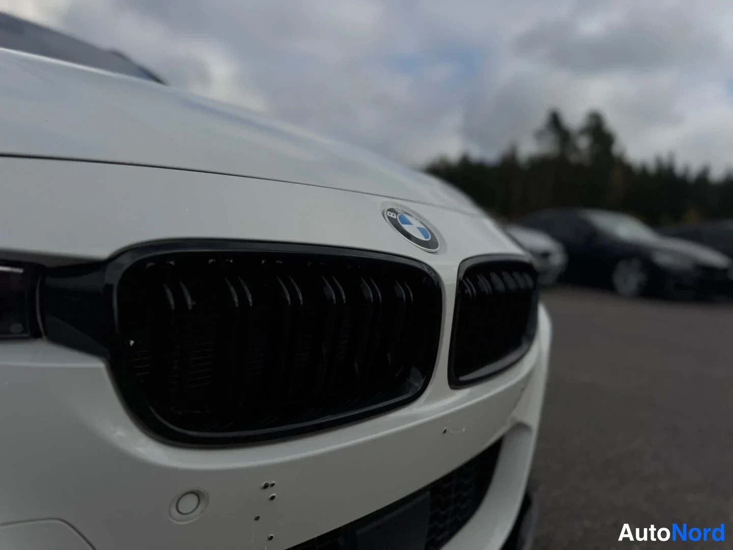 Edestä: Lähikuva valkoisen BMW:n etusäleiköstä ja konepellin etureunasta, taustalla sumuinen parkkipaikka.