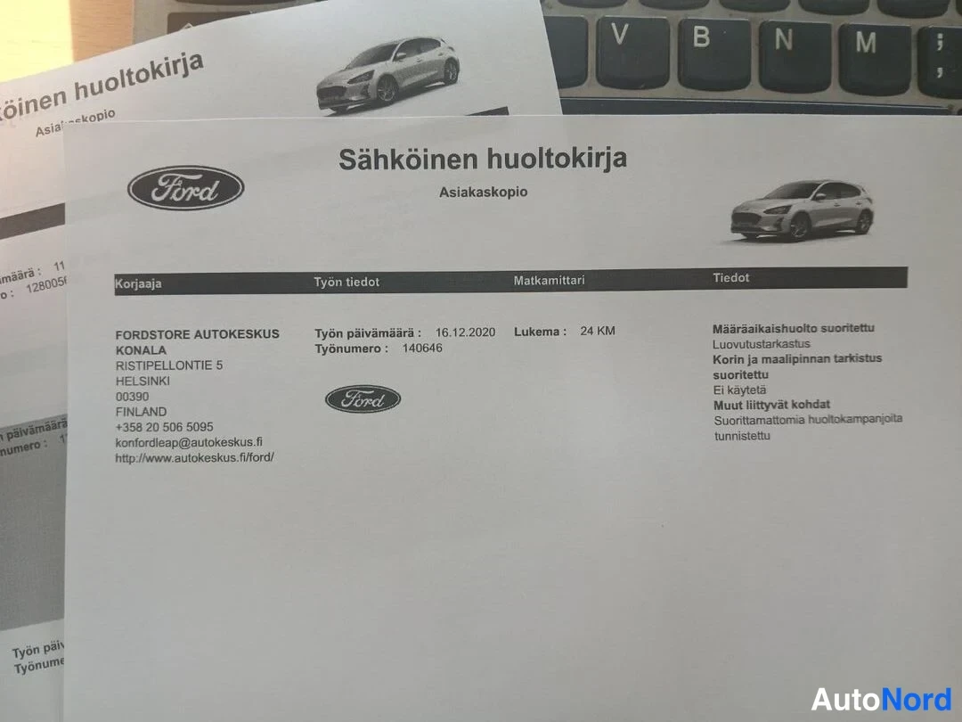Muu: Sähköisen huoltokirjan asiakaskopio Ford-huollosta 16.12.2020, lukema 24 km.