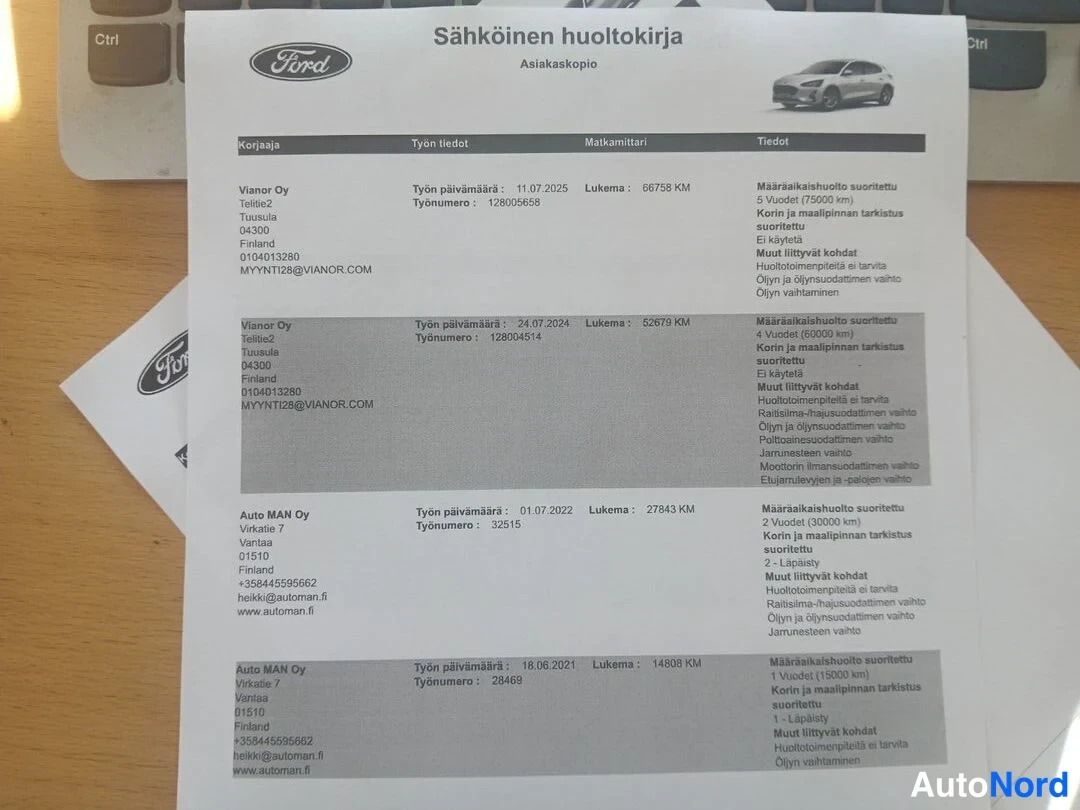 Muu: Sähköisen huoltokirjan asiakaskopio neljällä huoltomerkinannolla vuosilta 2021–2025, viimeisin lukema 66 758 km.
