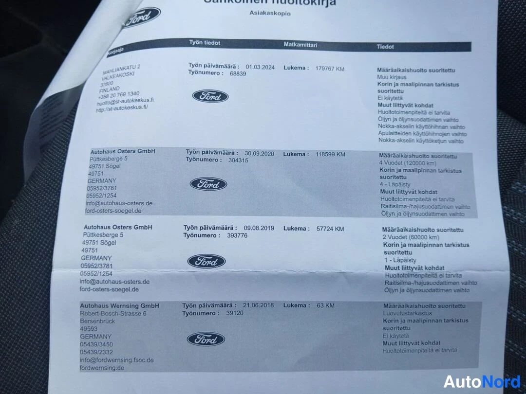 Takaa: Käsikirjan huolto-ohjeita Ford-autolle palveluhistoriatietoineen.