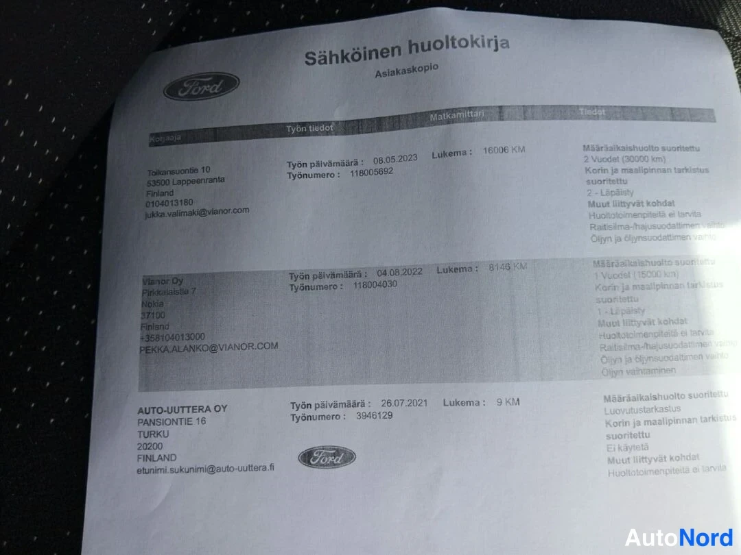 Muu: Sähköinen huoltokirja -asiakaskopio: huolot 08.05.2023 lukema 16006 KM, 04.08.2022 lukema 8148 KM ja 26.07.2021 lukema 9 KM; Ford-logo sivulla.