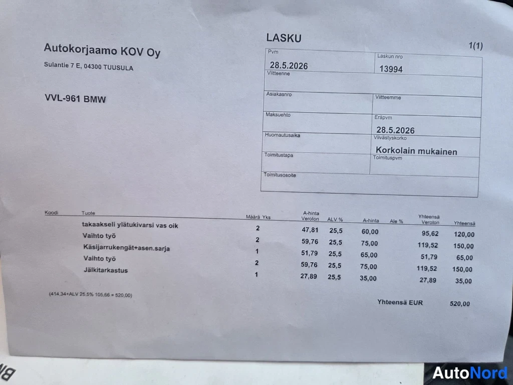 Muu: Kuva korjaamon laskusta: Autokorjaamo KOV Oy, ajoneuvo BMW, laskun numero 13994, päiväys 28.5.2026, yhteensä EUR 520,00.