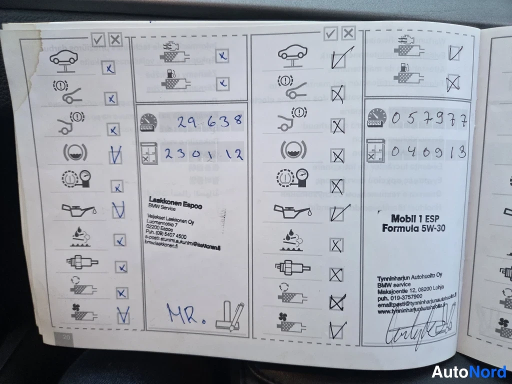 Muu: Huoltokirjan sivu 20, käsin kirjoitetut lukemat 057977 ja 040913, palvelupaikka Laakkonen Espoo BMW Service, käytetty öljy Mobil 1 ESP Formula 5W-30, allekirjoi