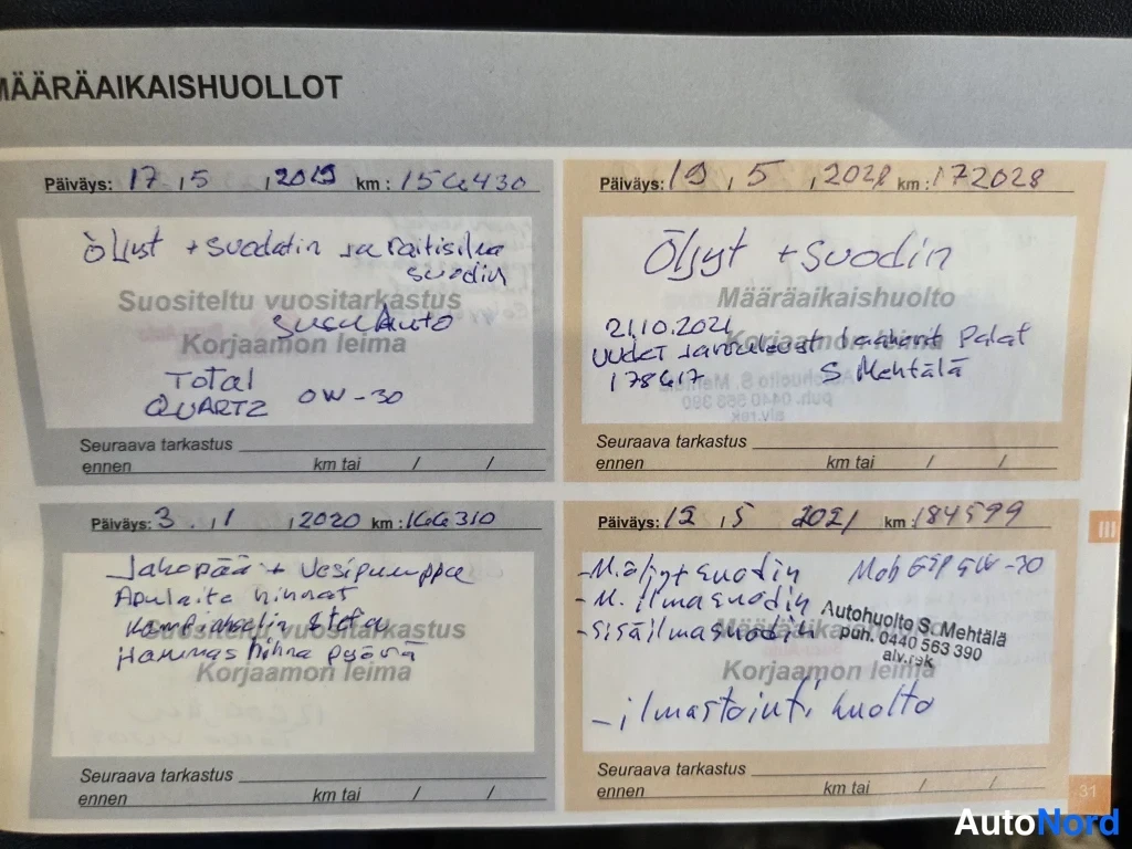 Asiakirja: Huoltokirjan huollosivu neljällä merkinnällä vuosilta 2019–2021, mm. öljyt ja suodattimet sekä ilmastointihuolto.