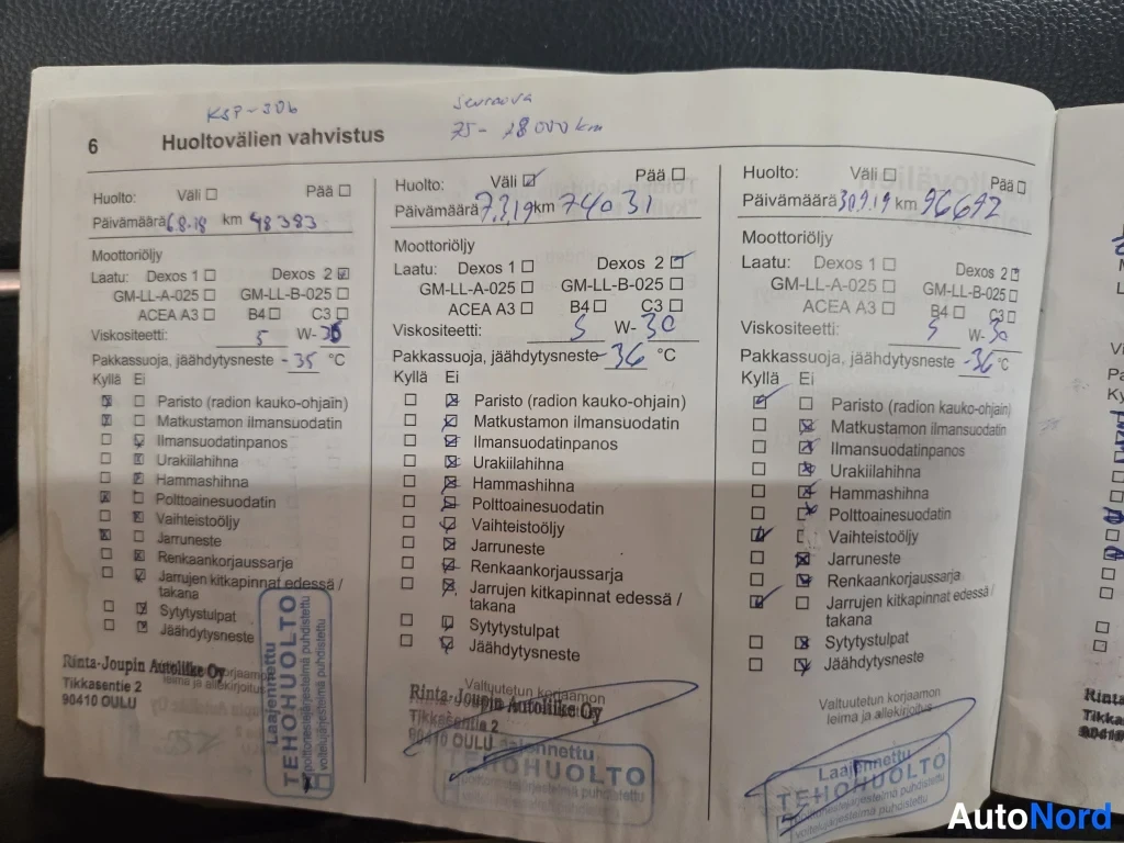 Yksityiskohta: Huoltokirjan sivu 6, huoltovälien vahvistus: kolme huoltosivua, merkintöjä mm. km 48383, 74031 ja 96692, leimat Rinta-Joupin Autoliike Oy ja Tehohuolto.