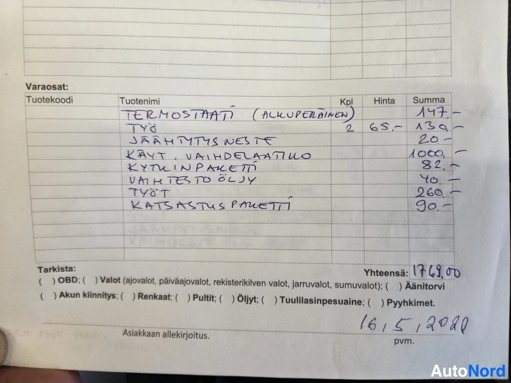 Asiakirja: Käsinkirjoitettu huoltolasku varaosineen ja hintoineen, yhteensä 1769,00, päivätty 16.5.2020.