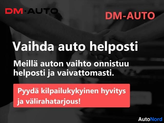 Muu: DM-Auton mainoskuva: kättely ja teksti 'Vaihda auto helposti' punaisessa kehyksessä.