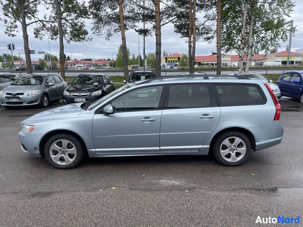 Sivulta: Vaaleansininen farmariauto sivulta kuvattuna parkkipaikalla, kylki ja pyörät näkyvissä.