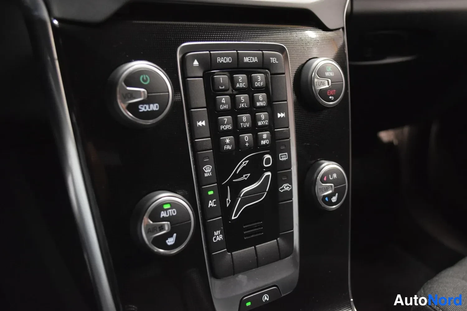 Yksityiskohta: Auton keskikonsolin painikenäyttö ja painikkeet: näppäimistö sekä RADIO-, MEDIA- ja TEL-painikkeet, ympärillä VOL/SOUND-, TUNE-, L/R TEMP- ja AUTO A/C-säätimet.
