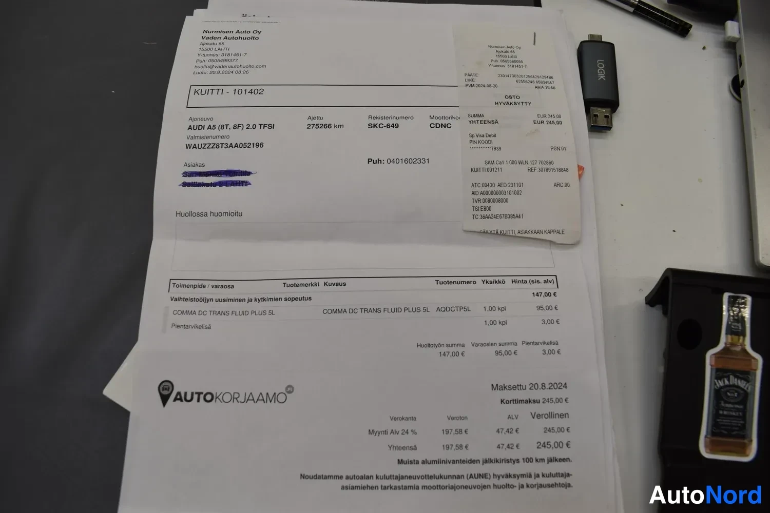 Muu: Autokorjaamon kuitit: kuitissa AUDI A5 (8T, 6F) 2.0 TFSI, rekisteritunnus, mittarilukema 275286 km, työn summa 147,00 € maksettu 20.8.2024, sekä vieressä ostopa