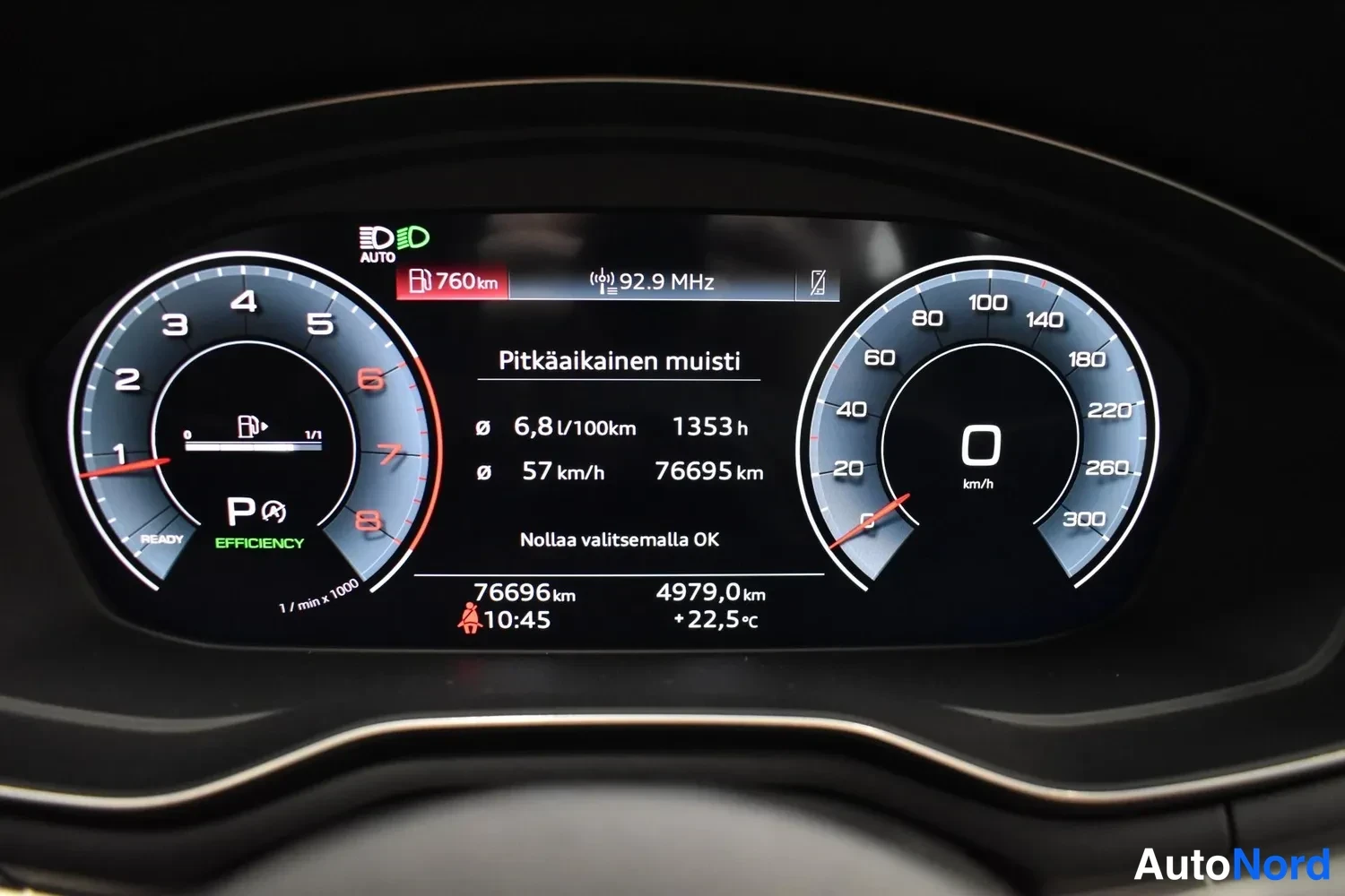 Muu: Digitaalinen mittaristo näyttää pitkäaikaisen muistin keskiarvot: 6,8 l/100km, 57 km/h, ajokilometrit 76695 km.