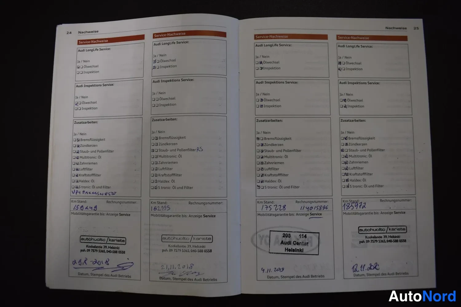 Asiakirja: Service-Nachweise-sivut 24–25, neljä huoltoa km-lukemin 159249, 161995, 175228 ja 185972, leimat autchuolto/kaniste ja Audi Center Helsinki.
