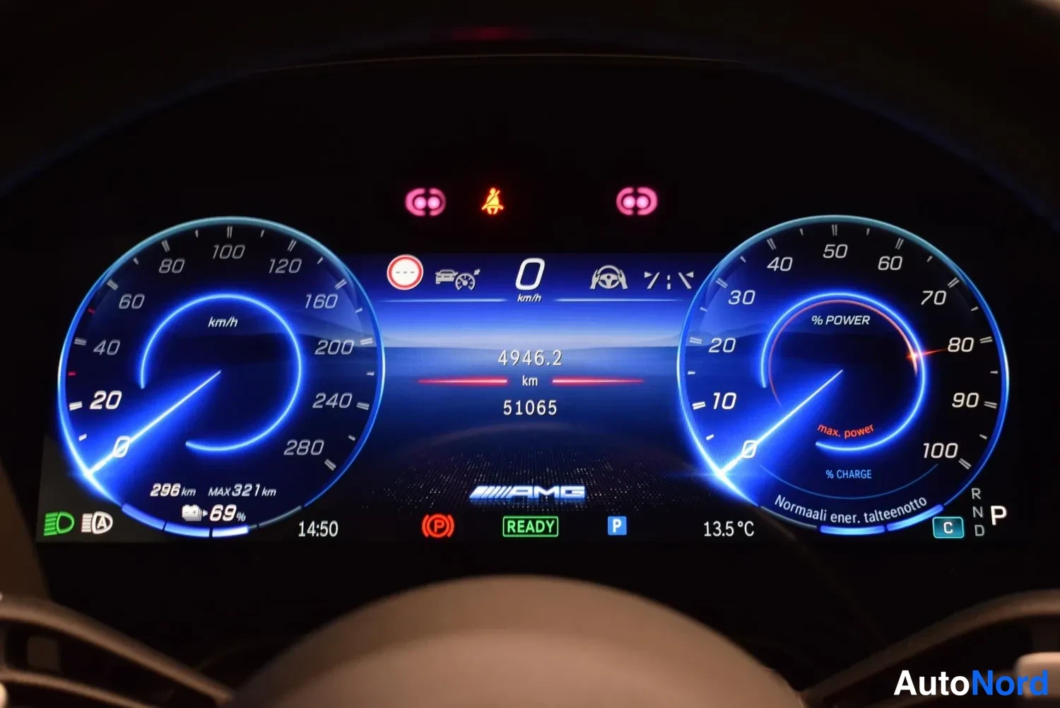 Yksityiskohta: AMG-merkkinen digitaalinen mittaristo: nopeusmittari vasemmalla, teho- ja latausmittarit oikealla, matkamittarissa 4946,2 km ja kokonaislukema 51065, valmiustil