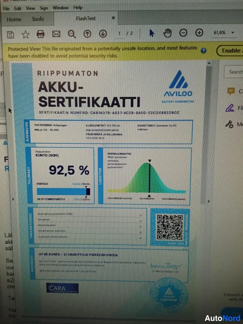 Asiakirja: Kuva Aviloo akkusertifikaatista, kunto (SOH) 92,5 %.