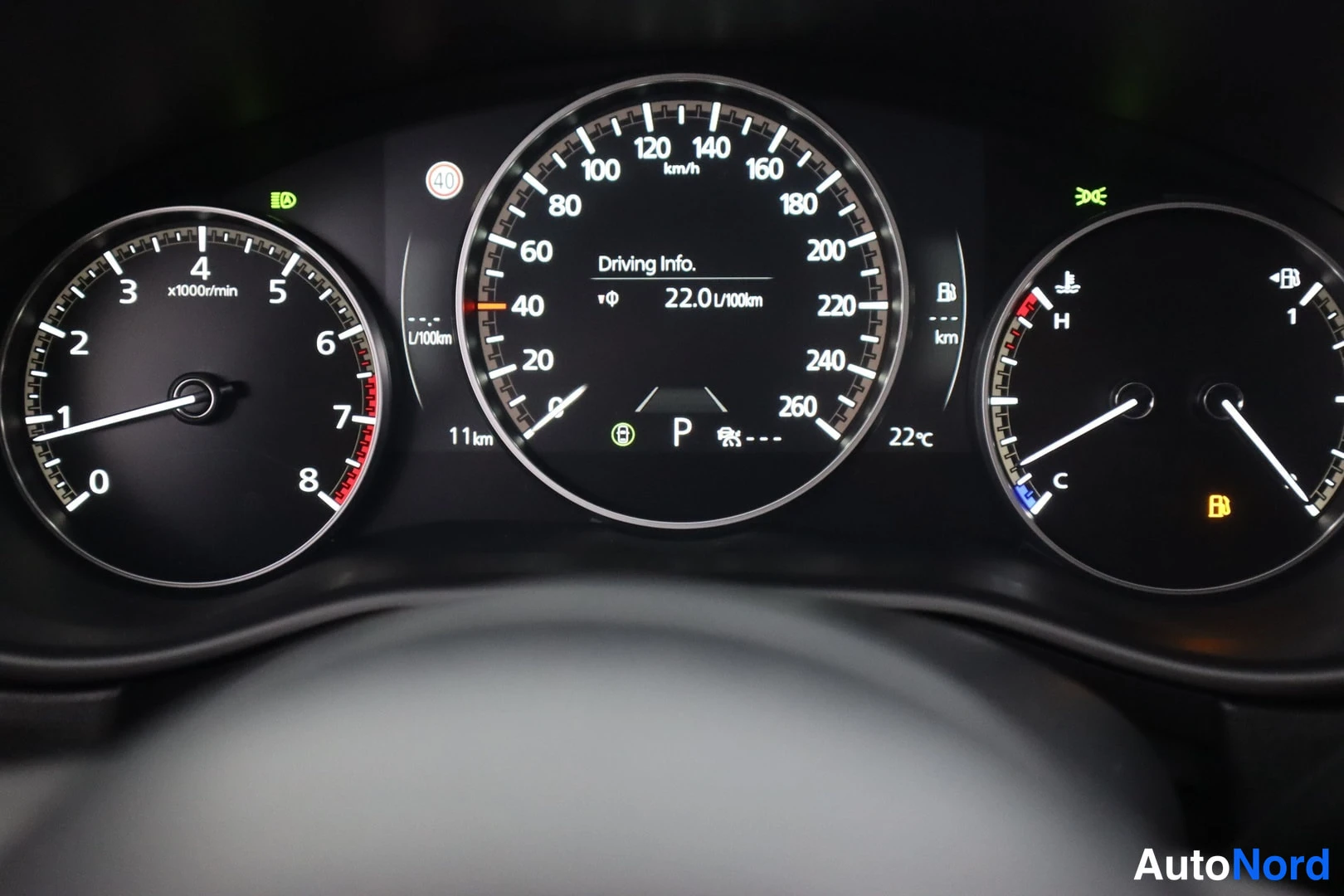 Muu: Kojelauta näyttää Driving Info -ruudun, keskimääräiseksi kulutukseksi 22,0 l/100 km, matkamittari 11 km, vaihde P ja lämpötila 22 °C.