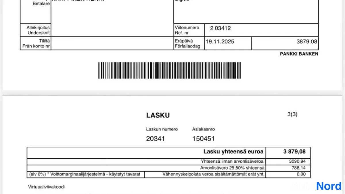 Asiakirja: Laskun sivu 3(3): viitenumero 2 03412, eräpäivä 19.11.2025, laskun summa yhteensä 3 879,08 euroa, viivakoodi ja virtuaaliviivakoodi.
