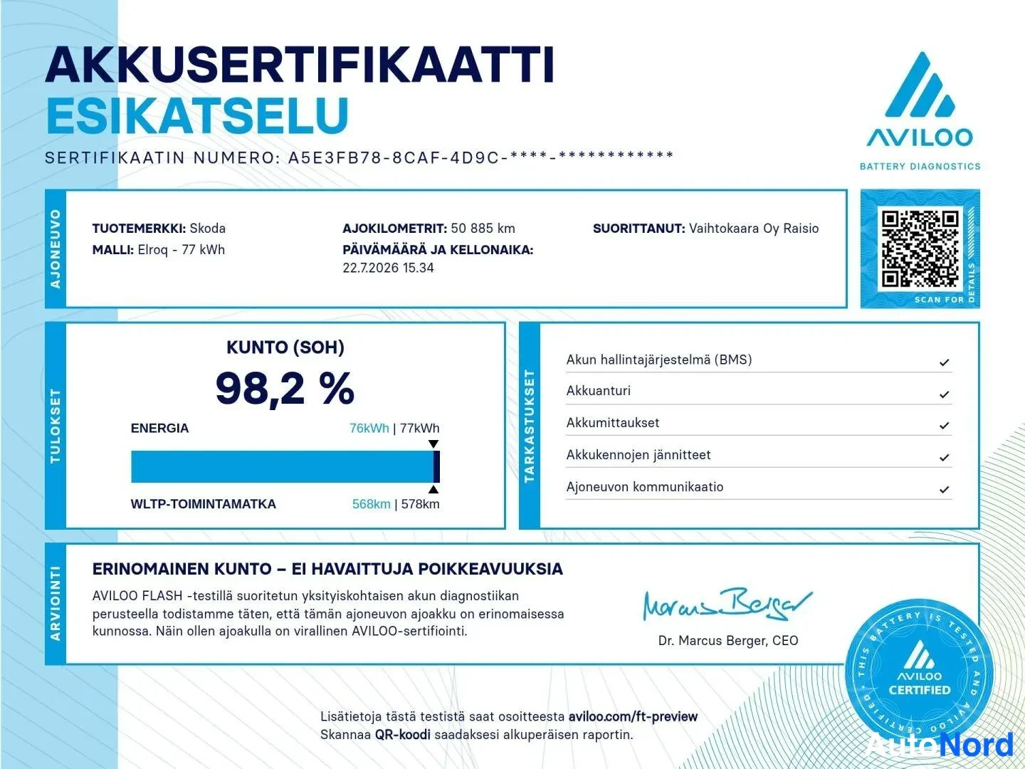 Asiakirja: AVILOO:n akkusertifikaatin esikatselu, joka näyttää akun kunnon (SOH) 98,2 %.