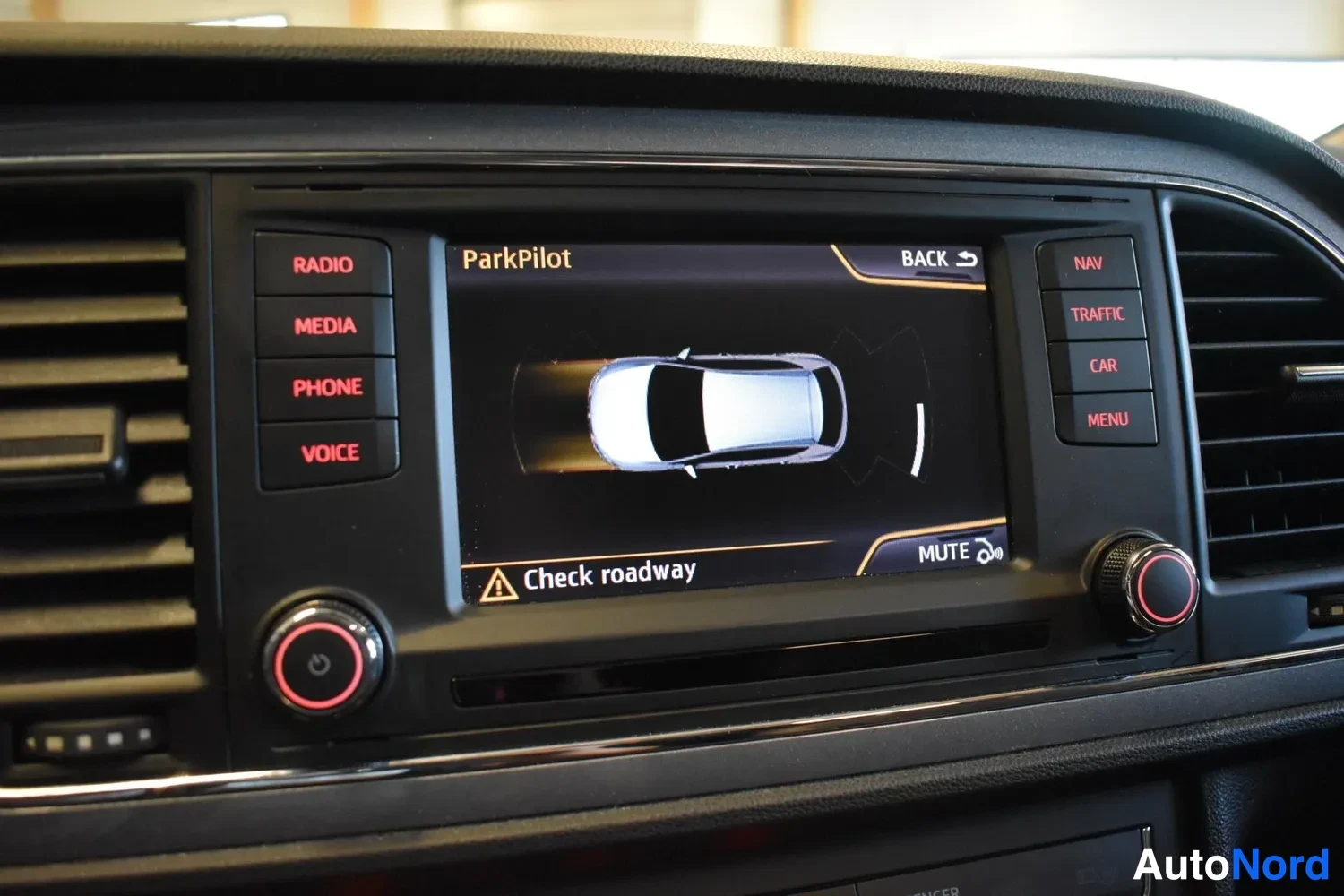 Muu: Radioon on valittu ParkPilot, joka varoittaa Check roadway -tekstillä.