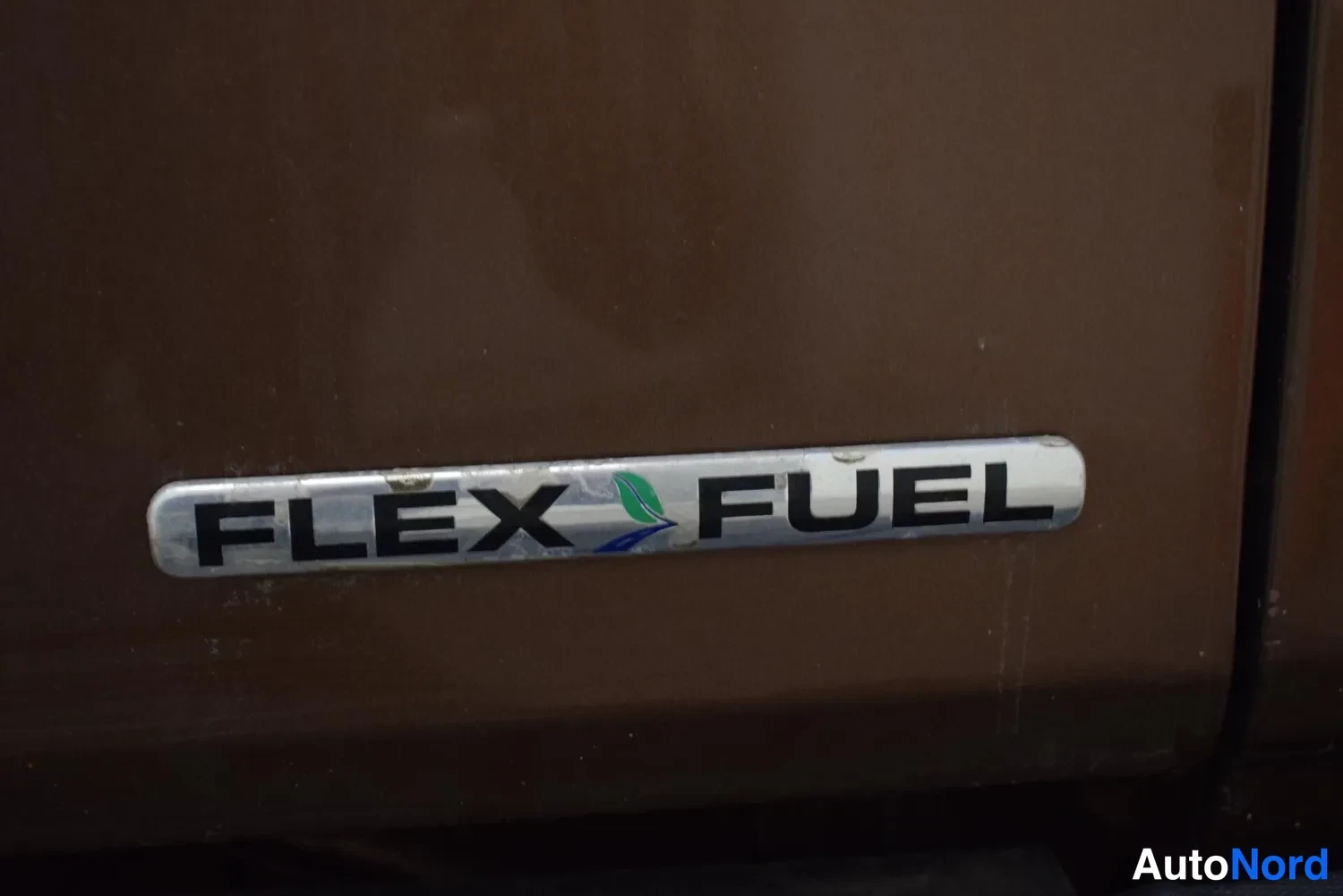 Yksityiskohta: Sivumerkki FLEX FUEL ruskeassa koripaneelissa.