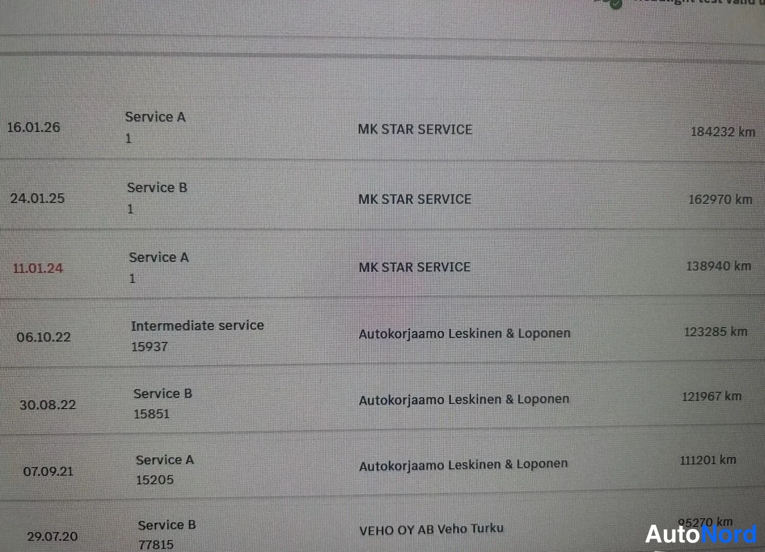 Muu: Palveluhistorialista: huoltotapahtumat vuosilta 2020–2026 (mm. Service A ja Service B MK STAR SERVICE -huoltoliikkeessä, viimeisin 184232 km).