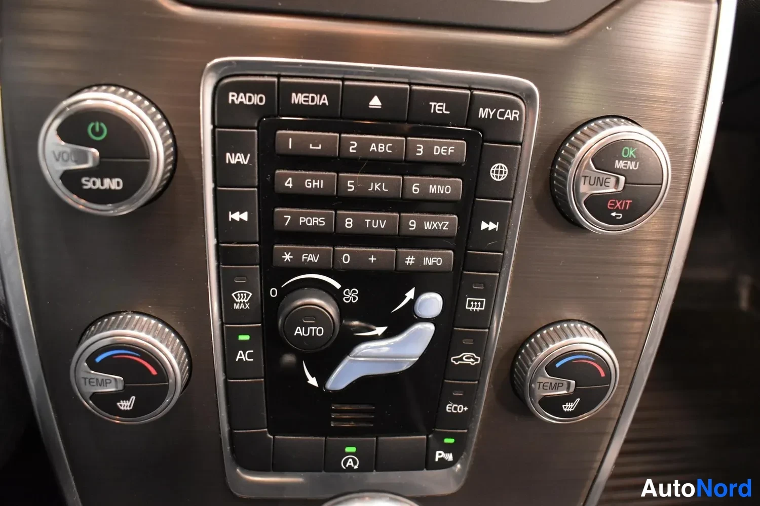 Yksityiskohta: Sisätilakuvan keskikonsolin näppäinpaneeleet: RADIO, MEDIA, TEL, NAV, A/C ja AUTO -näppäimet sekä TEMP- ja SOUND-säätimet.