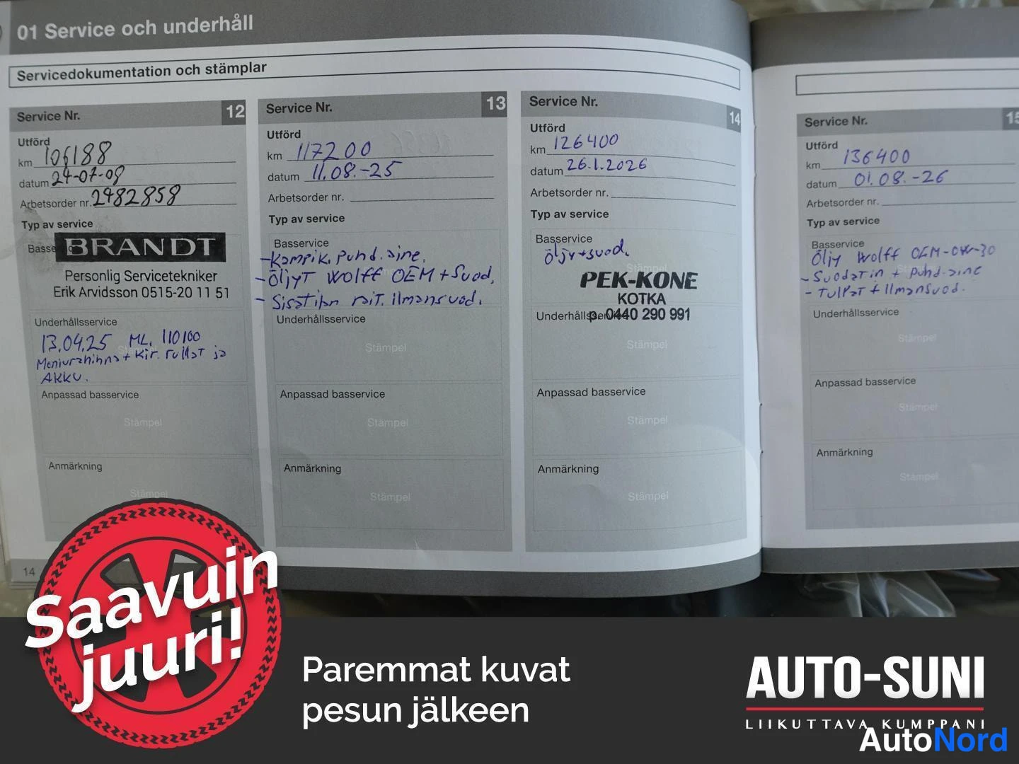 Muu: Huolto­kirjan sivu Service Nr. 12–15: Brandt- ja Pek-Kone-huolto­leimat sekä käsinkirjoitettuja huolto­merkintöjä.