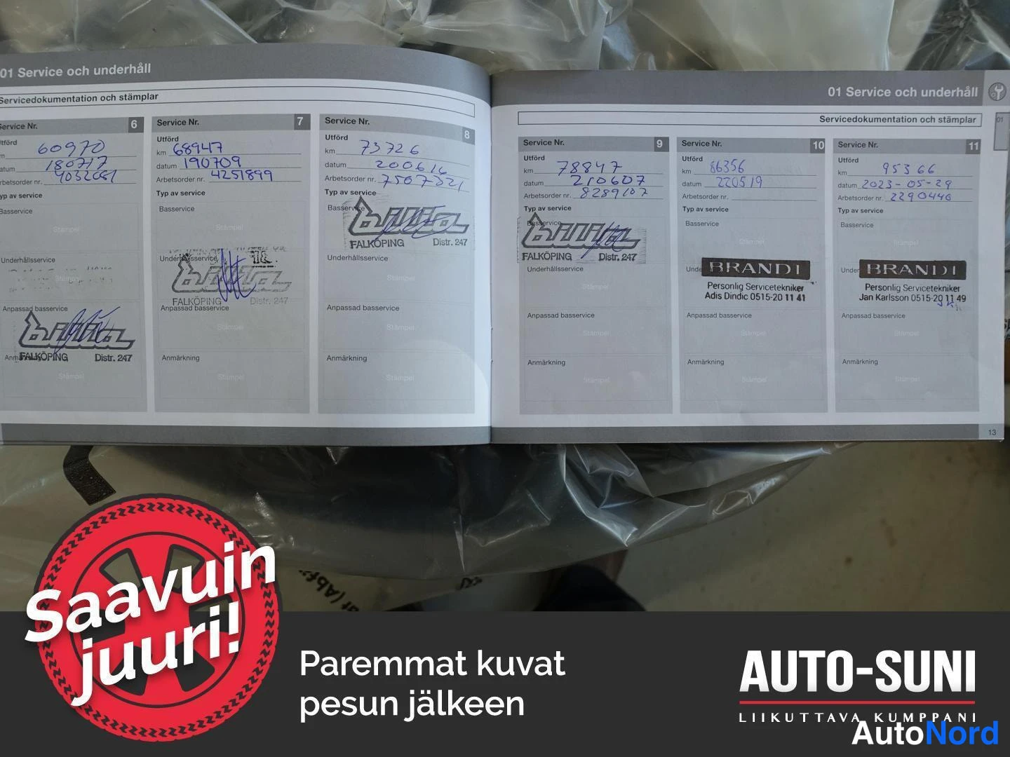Muu: Huolto­kirjan sivut leimattuine huolto­merkintöineen (Service Nr. 6–11), osa leimoista Bilia Falköping ja osa Brandt.