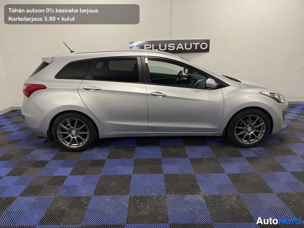 Sivulta: Sivunäkymä hopeanvärisestä farmariautosta vasemmalta kuvattuna sisätilassa, kevytmetallivanteet näkyvissä.