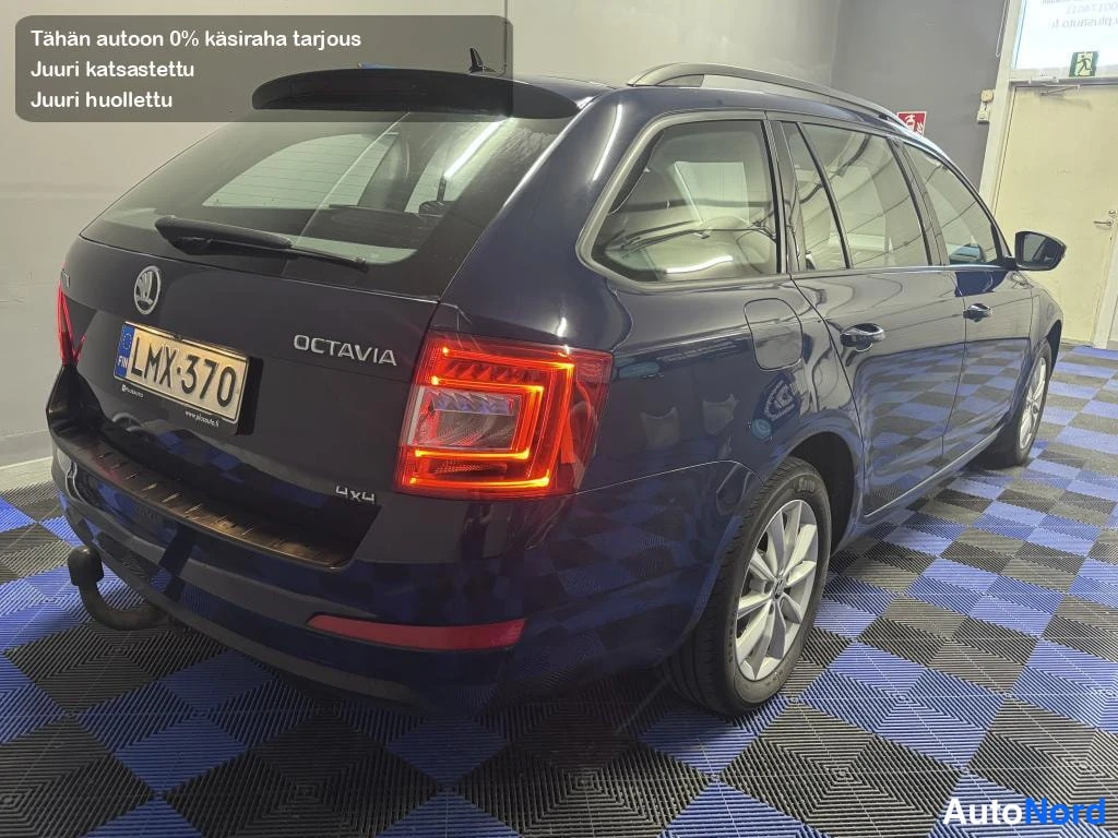 Takaviisto: Sininen Skoda Octavia -farmari takaviistosta kuvattuna, takavalo ja rekisterikilpi näkyvissä.