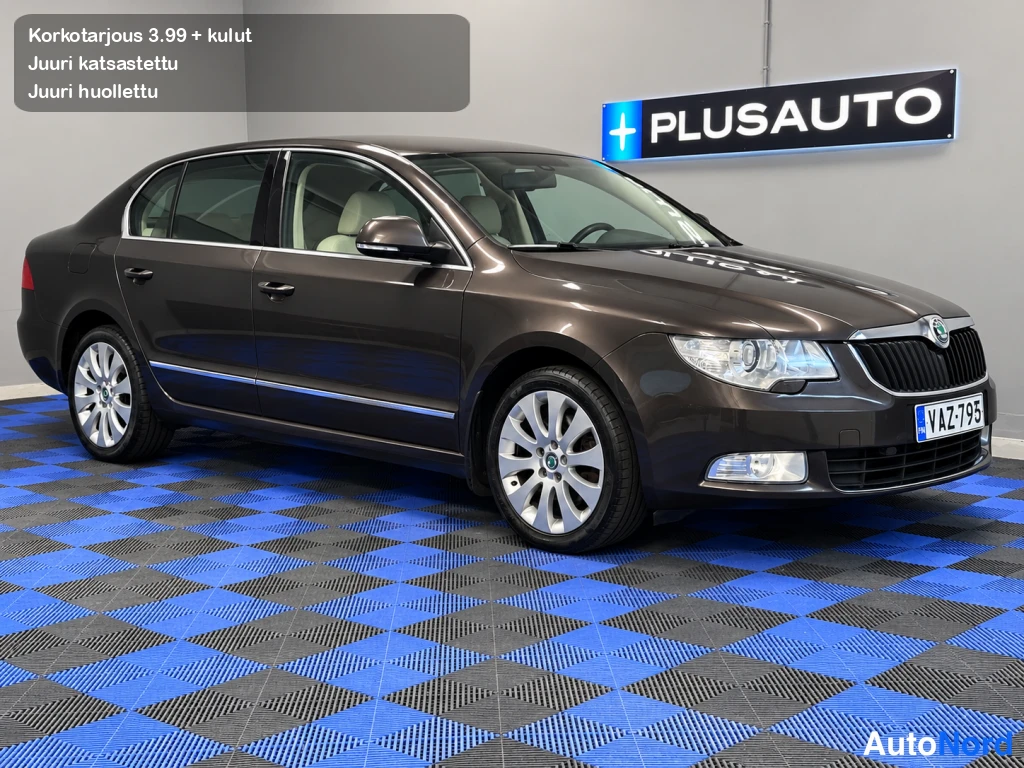Etuviisto, nokka oikealle: Tummanruskea sedan-arkiauto esillä sisätiloissa, etukulmasta oikealta kuvattuna; kevytmetallivanteet ja etupuskurin sumuvalot näkyvissä.