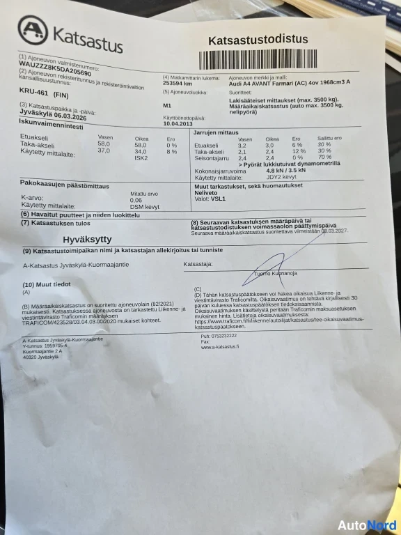 Muu: Katsastustodistus A4-paperialla myyjän kuvana.