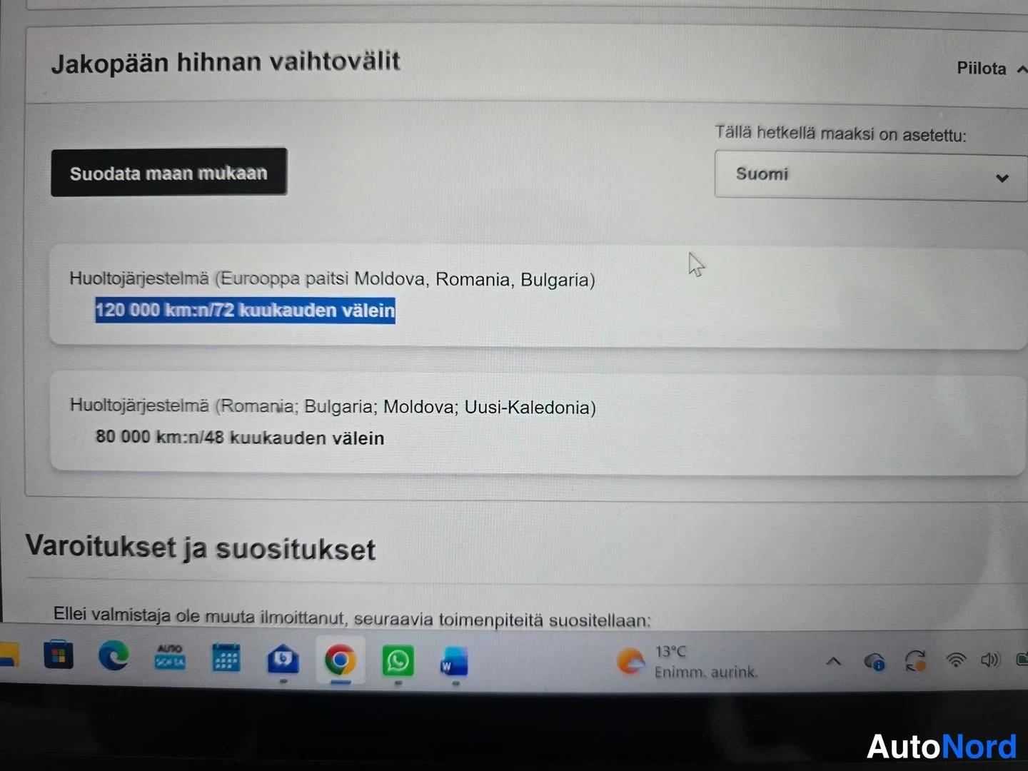 Muu: Tietokoneen näyttö, jolla näkyy jakopään hihnan vaihtovälit Suomessa: 120 000 km:n/72 kuukauden välein.