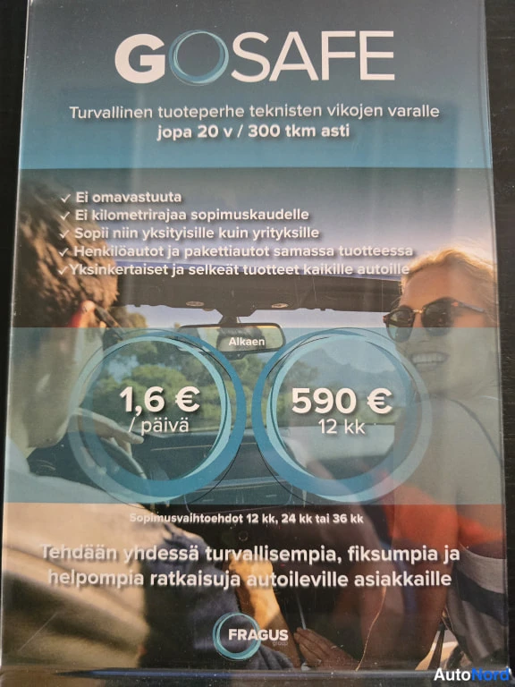 Asiakirja: GOSAFE-tuote-esite, jossa mainostetaan teknisten vikojen varalle otettua tuoteperhettä hintoin 1,6 €/päivä alkaen tai 590 €/12 kk alkaen.