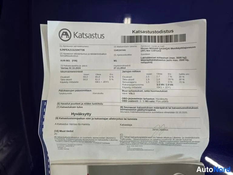 Muu: Katsastustodistus Nissan Qashqai 1.2 DIG-T 115 Acenta -autolle, hyväksytty katsastus 27.11.2024, alkumittarilukema 114144 km.