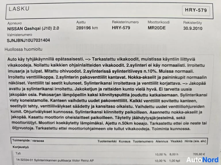 Asiakirja: Huoltolasku Nissan Qashqai 2.0, rekisterinumero, huoltomuistiinpano moottorin sylinterinkannen korjauksesta.