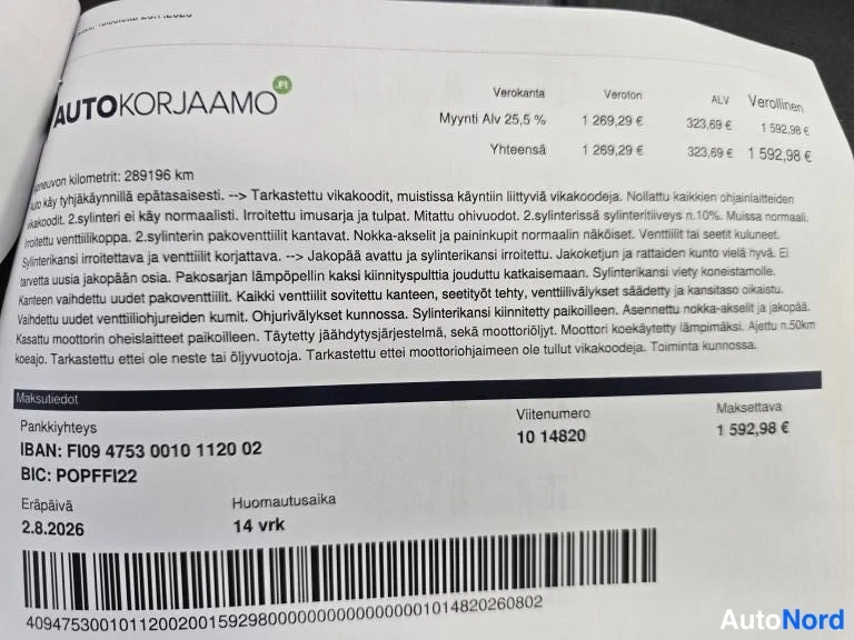 Muu: Autokorjaamon työmääräainelaskelma ja maksuviivakoodi, summa 1 592,98 euroa.