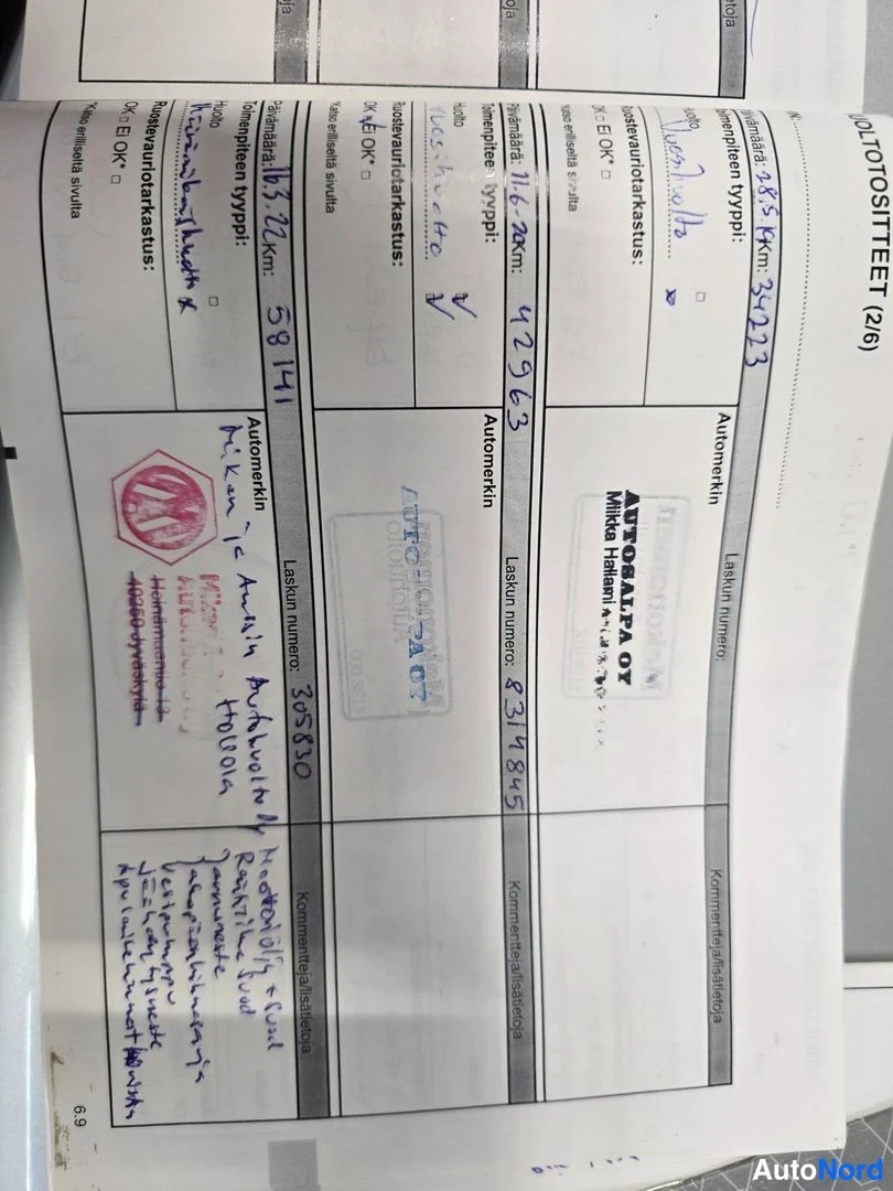 Muu: Huoltotositteet-sivu (2/6), jossa huoltojen merkinnät eri huoltoliikkeiltä ja yleisvalkaisun merkintä.