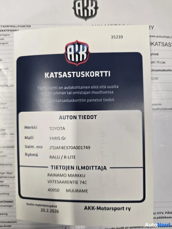 Muu: AKK:n katsastuskortti, jossa auton tiedot: merkki Toyota, malli Yaris GR, vin JA... ja ryhmä RALLI / R-LITE.