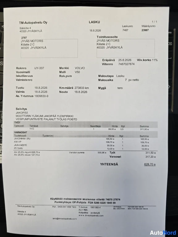 Asiakirja: Lasku TM-Autopalvelu Oy:ltä, jossa työt ja varaosat yhteensä 828,70 euroa, rekisterinumero UY-337.