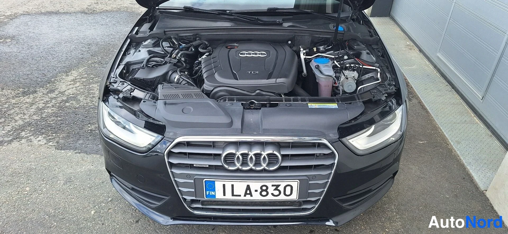 Edestä: Audi-näyttävä etunäköymä: konepelti auki, moottoritila näkyvissä, etusäleikössä neljän renkaan merkki ja rekisterikilpi.