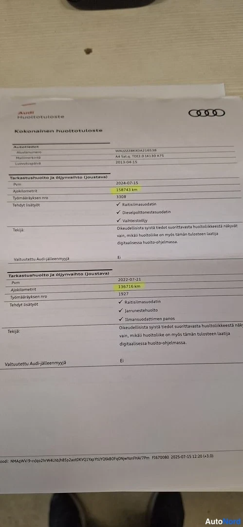 Asiakirja: Lähikuva huoltotulosteesta, jossa merkinnät ABB (Auto Boreen Oy). Huoltoaika 18.1.2022 ajomittarin lukemalla 114718 km. Lisäksi toimenpiteenä mainittu vaihdettu
