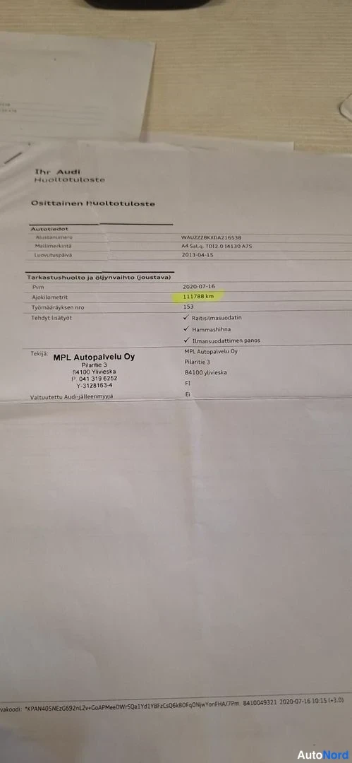 Asiakirja: Huoltotulosteessa mainitaan Audi A4 Sedan 2.0 TDI Multitronic 2017. Huoltoaika 3.11.2019, jossa tehty vaihdettu öljyyn ja suodattimet sekä tarkastettu vaihteist