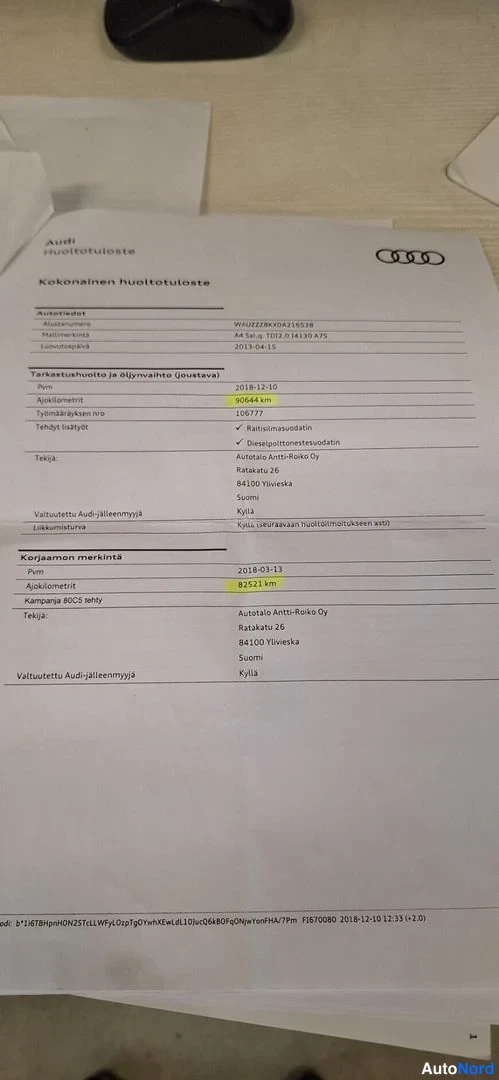 Asiakirja: Lähikuva huoltotulosteesta, jossa mainitaan Audi A4 Sedan 1.6 TDI Multitronic 2017. Huoltoaika 23.12.2018 ajomittarin lukemalla 108441 km. Lisäksi toimenpiteenä